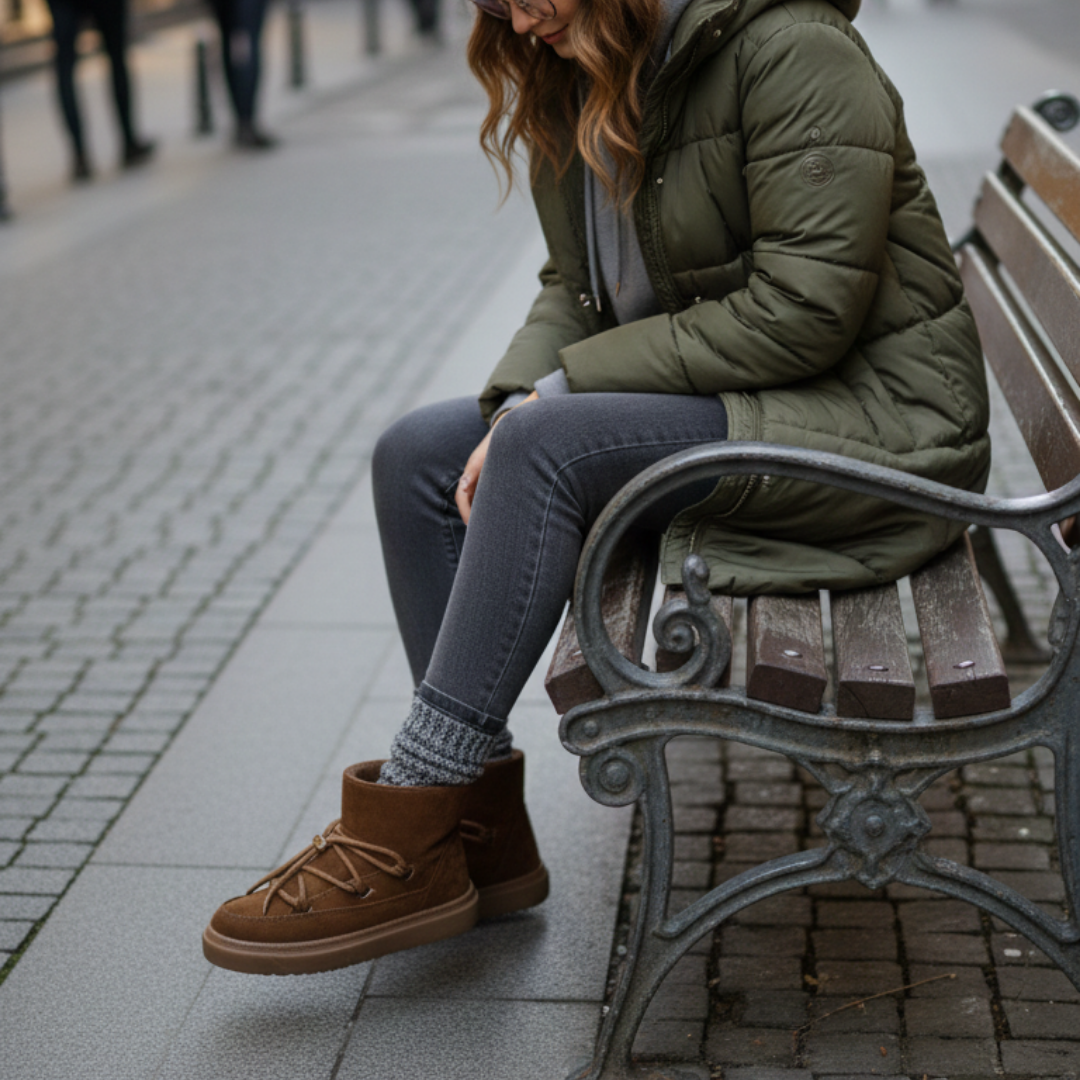 INUIKII İthal %100 Gerçek Deri Kışlık Bağcıklı Kadın  Bot – Kahverengi