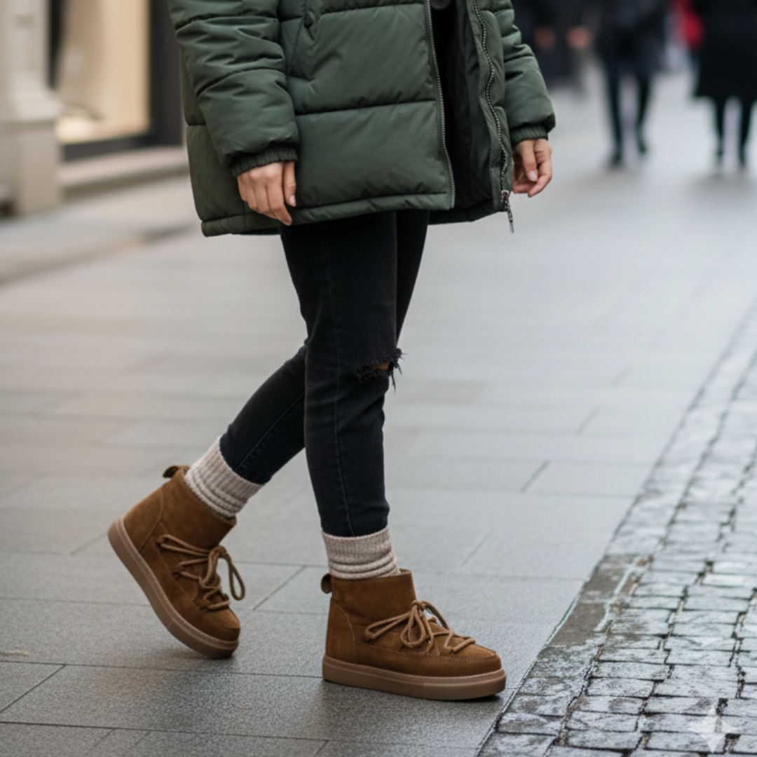 INUIKII İthal %100 Gerçek Deri Kışlık Bağcıklı Kadın  Bot – Kahverengi