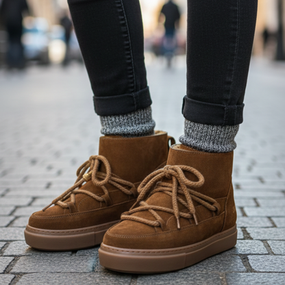 INUIKII İthal %100 Gerçek Deri Kışlık Bağcıklı Kadın  Bot – Kahverengi