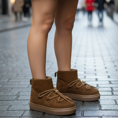 INUIKII İthal %100 Gerçek Deri Kışlık Bağcıklı Kadın  Bot – Kahverengi