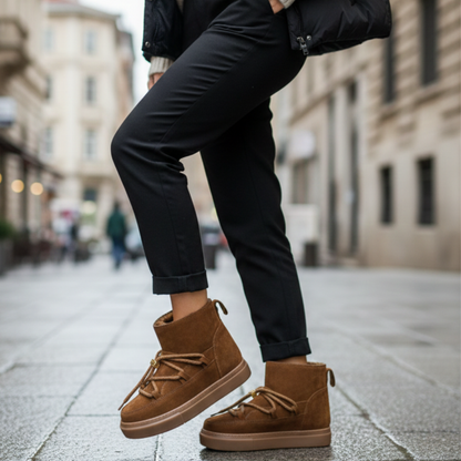 INUIKII İthal %100 Gerçek Deri Kışlık Bağcıklı Kadın  Bot – Kahverengi